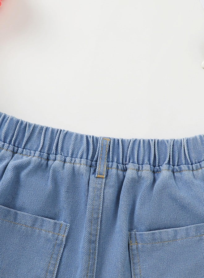 Hilinker Girls Jean Shorts Floral Lace Hem Elastic Waist Cute Summer Denim Shorts with Pockets Blue Flower 7-8 Years - Image 5