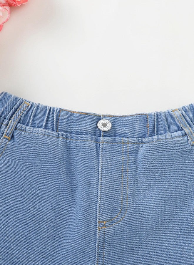 Hilinker Girls Jean Shorts Floral Lace Hem Elastic Waist Cute Summer Denim Shorts with Pockets Blue Flower 7-8 Years - Image 2