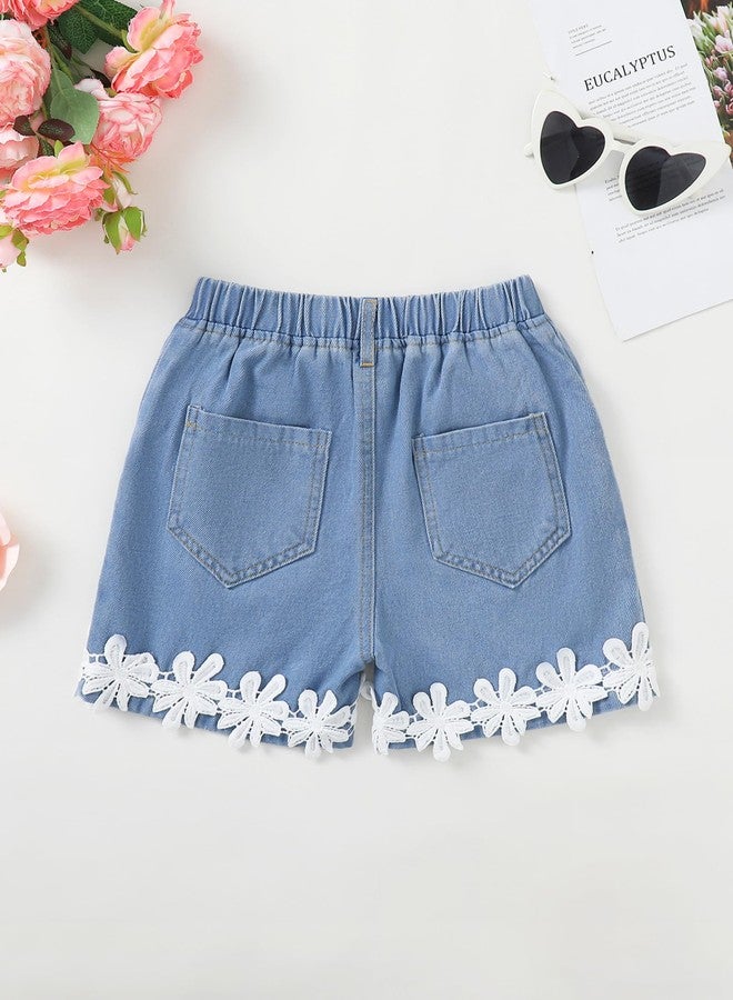 Hilinker Girls Jean Shorts Floral Lace Hem Elastic Waist Cute Summer Denim Shorts with Pockets Blue Flower 7-8 Years - Image 4