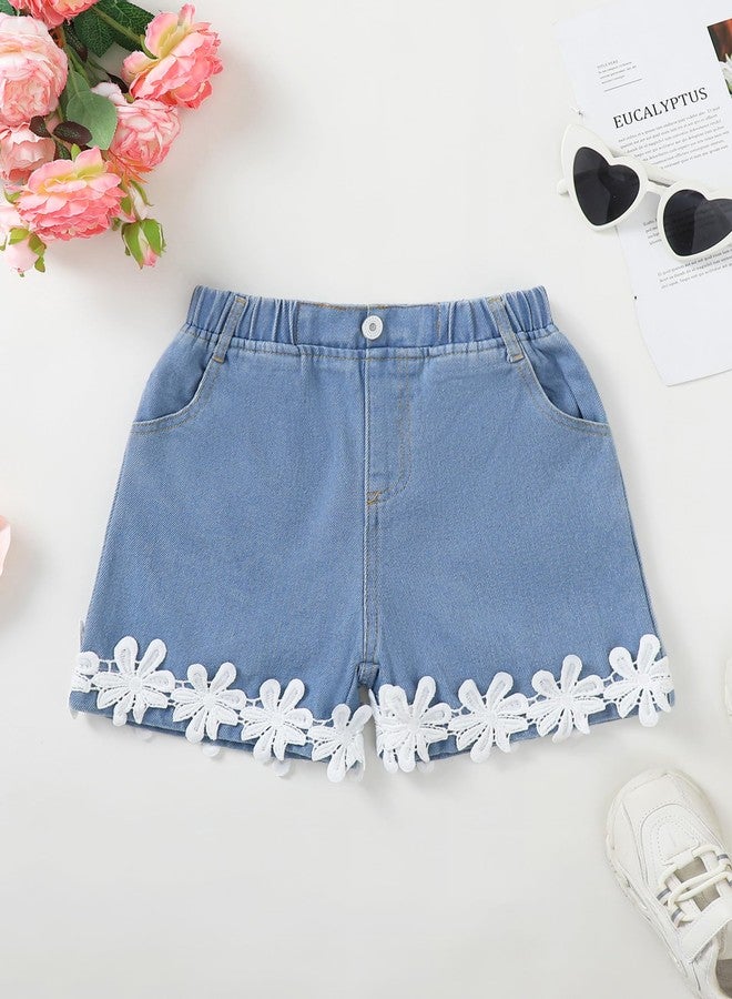 Hilinker Girls Jean Shorts Floral Lace Hem Elastic Waist Cute Summer Denim Shorts with Pockets Blue Flower 7-8 Years - Image 3