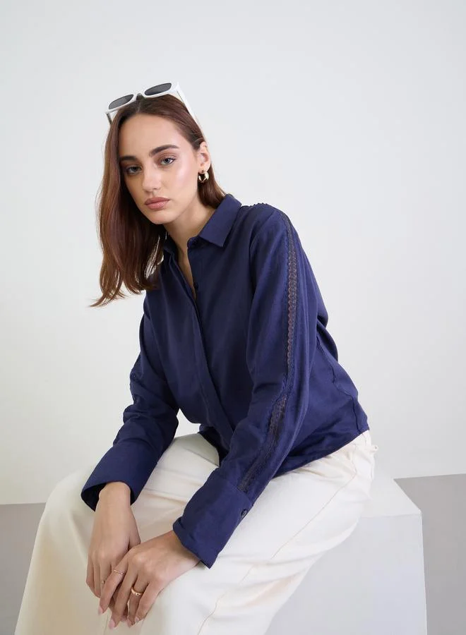 Styli Styli Lace Cutwork Detail Cotton Linen Shirt