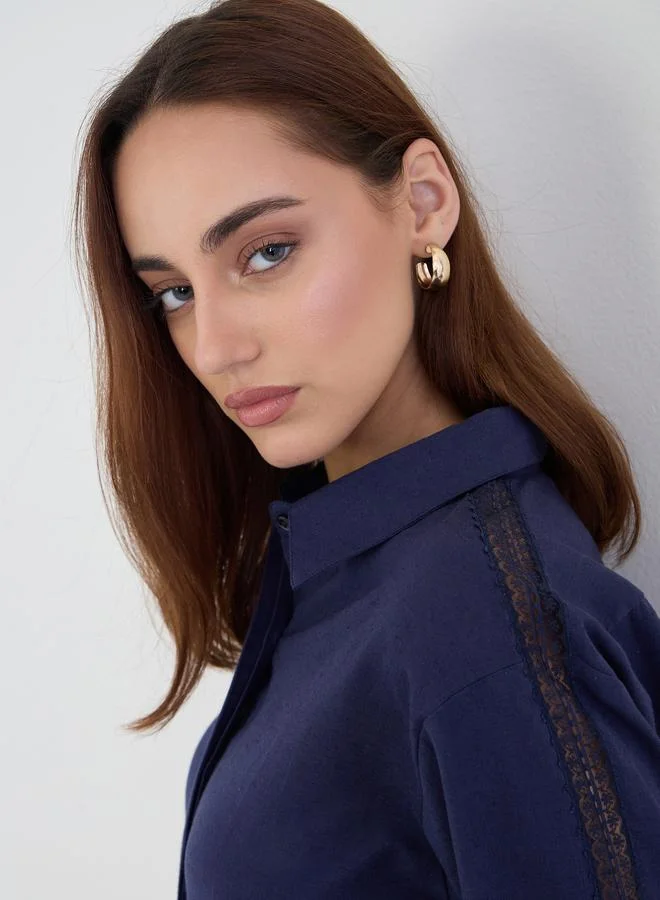 Styli Styli Lace Cutwork Detail Cotton Linen Shirt