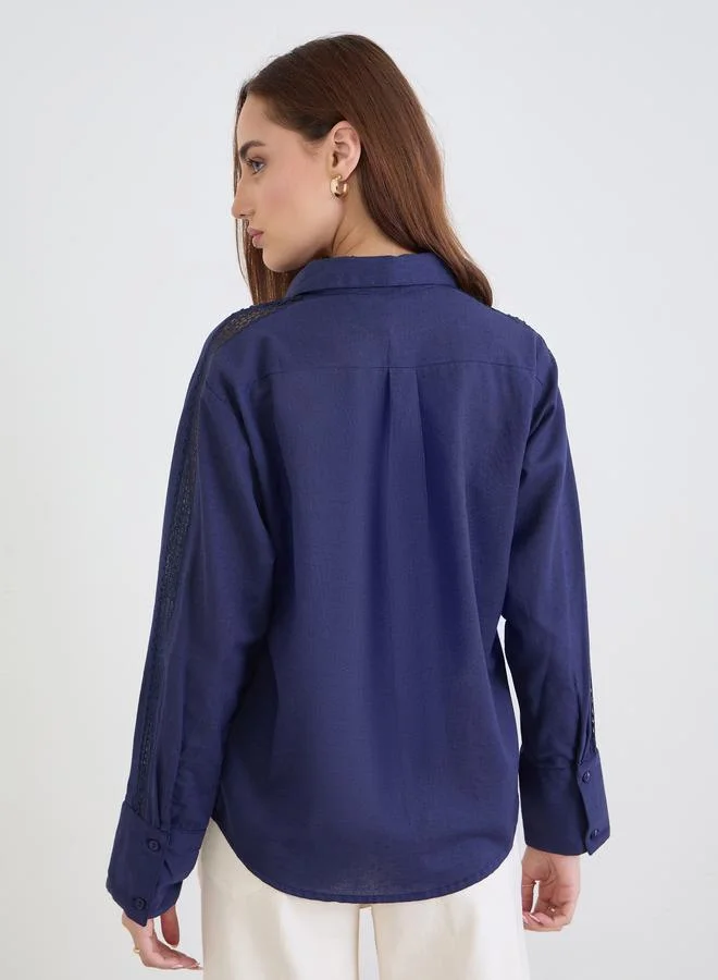 Styli Styli Lace Cutwork Detail Cotton Linen Shirt