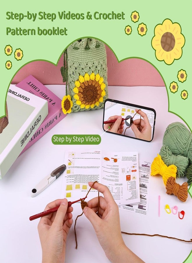 PATPAT Diy Crochet Phone Bag Material Kit Beginners Sun Flower Crochet Phone Sling Bag Material Kit With Yarn, Crochet Hooks, Tools & Accessories, Tutorial Video, Diy Gift, Light Green - Image 3