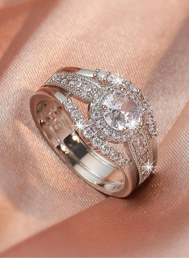 نون-شى خاتم نسائي أنيق وعالي الجودة مطلي باللون الفضي ومرصع بالزركون مقاس 6 - Image 1