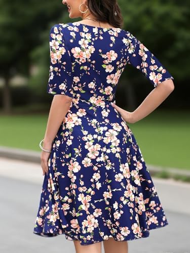 oxiuly Women's Criss-Cross Necklines V-Neck Half Sleeve Floral Casual Work Stretch Tea Swing Dress OX233 (2XL, Navy Blue F5) - Image 5