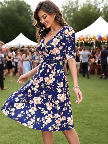 oxiuly Women's Criss-Cross Necklines V-Neck Half Sleeve Floral Casual Work Stretch Tea Swing Dress OX233 (2XL, Navy Blue F5) - Image 4