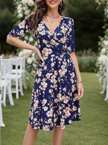 oxiuly Women's Criss-Cross Necklines V-Neck Half Sleeve Floral Casual Work Stretch Tea Swing Dress OX233 (2XL, Navy Blue F5) - Image 3