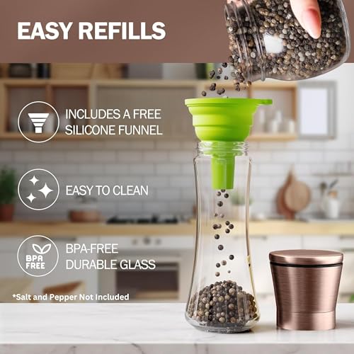 Home EC Original Copper Salt and Pepper Grinder Set of 2 - Adjustable Ceramic Grinder - Tall Glass Salt and Pepper Shakers With Funnel and Ebook - Kitchen Spice Mill - Copper Kitchen Accessories - Image 4