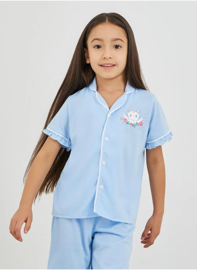 Styli Styli Printed Buttoned Shirt and Pyjama Set