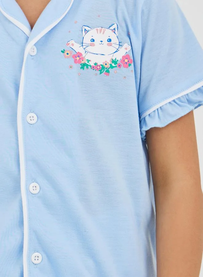 Styli Printed Buttoned Shirt and Pyjama Set