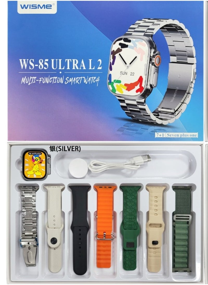 WISME ساعة ذكية 7 في 1 WS 85 ULTRA2 مع 7 أزواج من الأشرطة، مقاومة للماء، عمر بطارية طويل، ساعة ذكية صحية فضية - Image 1