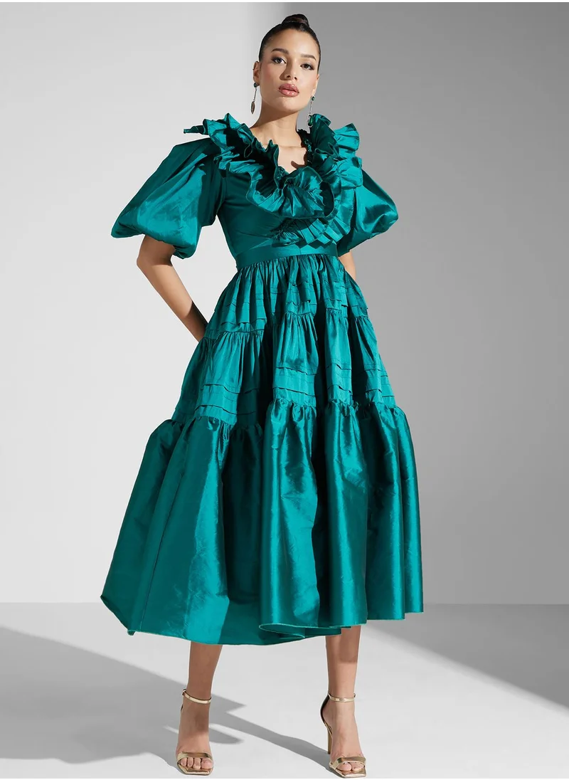 Iyra Balloon Sleeve Ruffle Tiered Dress