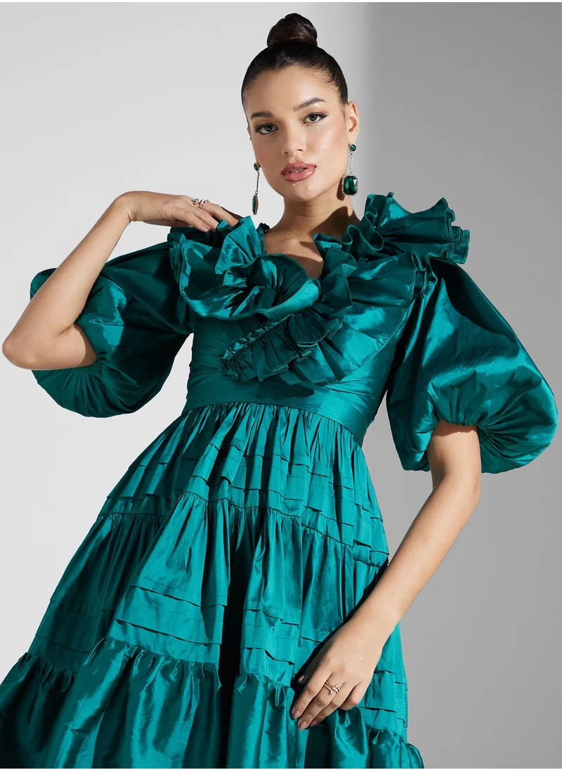 Iyra Balloon Sleeve Ruffle Tiered Dress