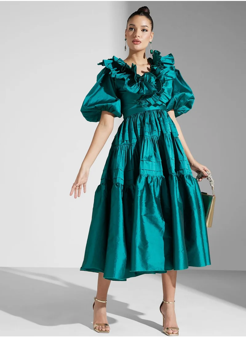 Iyra Balloon Sleeve Ruffle Tiered Dress