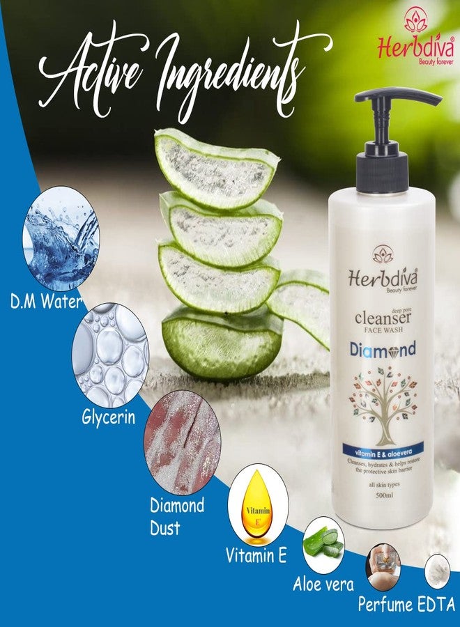 Herbdiva Diamond Cleanser Face Wash 500ml - Hydrating Facial Cleanser with Aloe Vera & Vitamin E - Deep Pore Cleansing & Skin Barrier Protection - Gentle Daily Face Wash for Men & Women - Image 3