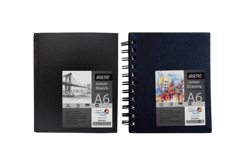 Brustro Artists Sketch Book A6 Size Stitched Bound 156 Pages 90 GSM, and Sketchbook A6 Size WIRO Bound, 116 Pages, 160 GSM (Acid Free) - Image 1