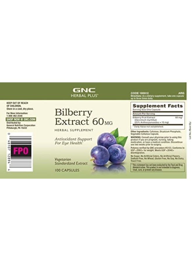 GNC Herbal Plus Bilberry Extract 60 Mg 100 Capsules - Image 3