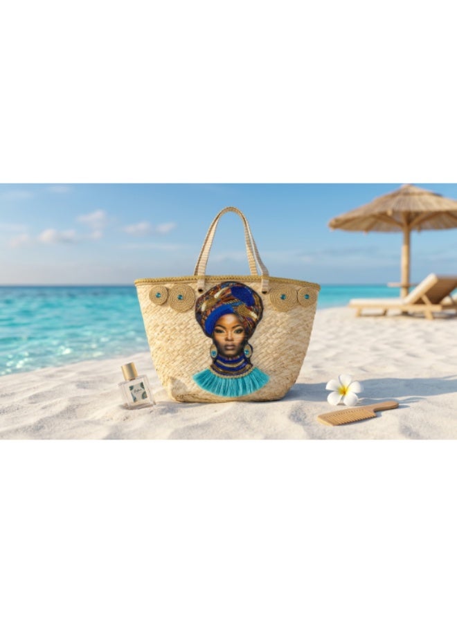Turquoise African Queen Straw Tote Bag - Summer New Fashionable Handbag, Shoulder Bag, Tote Bag With Large Capacity And High Quality For Women - Image 2