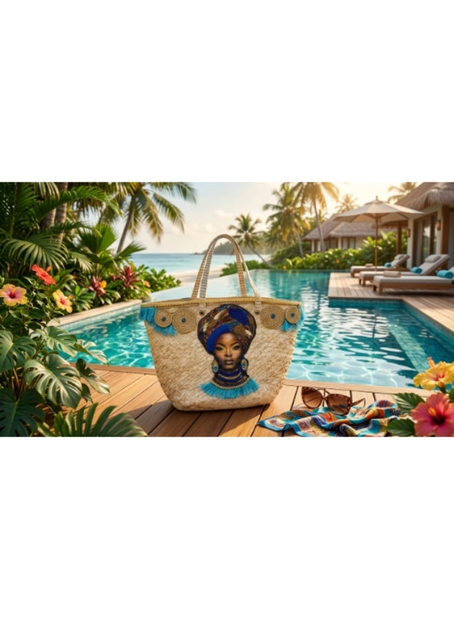 Turquoise African Queen Straw Tote Bag - Summer New Fashionable Handbag, Shoulder Bag, Tote Bag With Large Capacity And High Quality For Women - Image 4