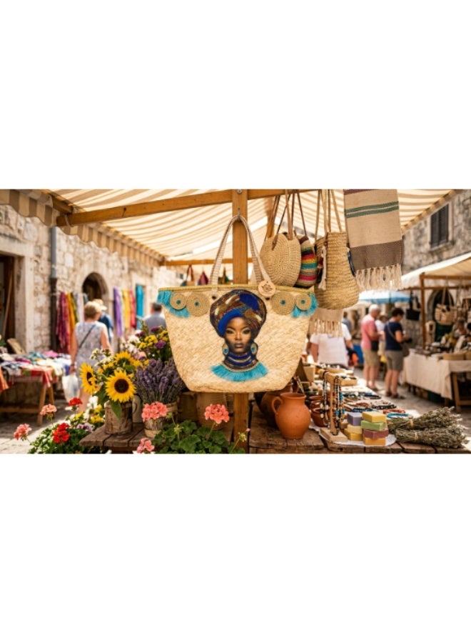 Turquoise African Queen Straw Tote Bag - Summer New Fashionable Handbag, Shoulder Bag, Tote Bag With Large Capacity And High Quality For Women - Image 5