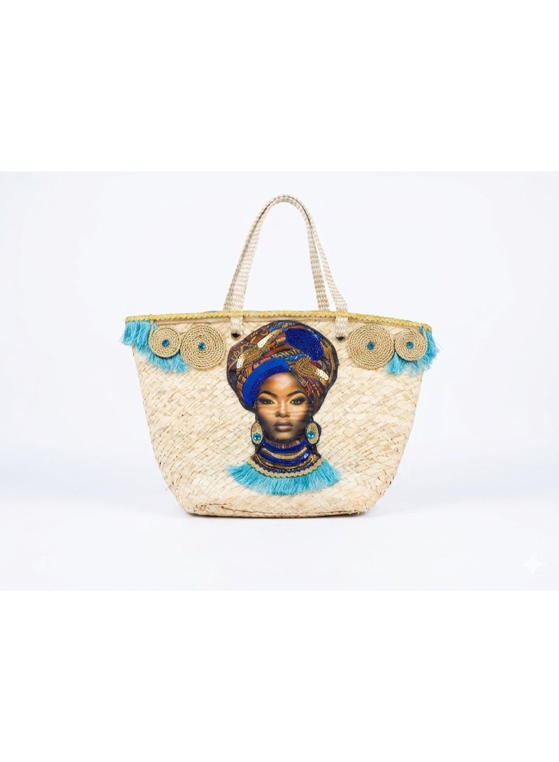 Turquoise African Queen Straw Tote Bag - Summer New Fashionable Handbag, Shoulder Bag, Tote Bag With Large Capacity And High Quality For Women - Image 1