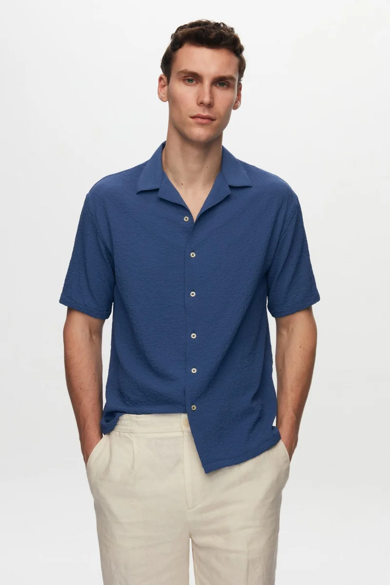 دي أس دامات Relaxed Indigo Seersucker Short Sleeve Wrinkle-Free Shirt 0HC02ORT01313