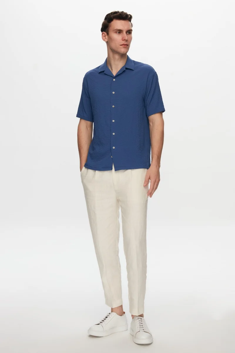 دي أس دامات Relaxed Indigo Seersucker Short Sleeve Wrinkle-Free Shirt 0HC02ORT01313