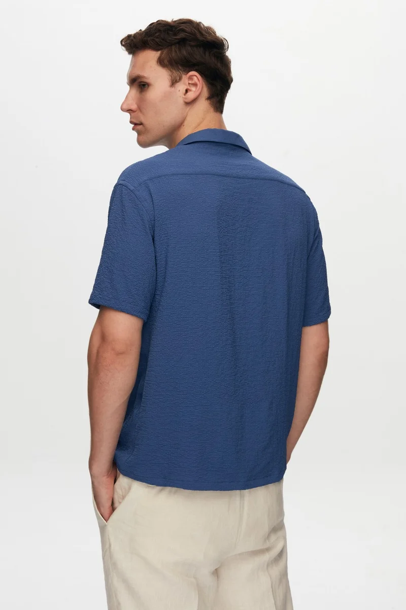 دي أس دامات Relaxed Indigo Seersucker Short Sleeve Wrinkle-Free Shirt 0HC02ORT01313