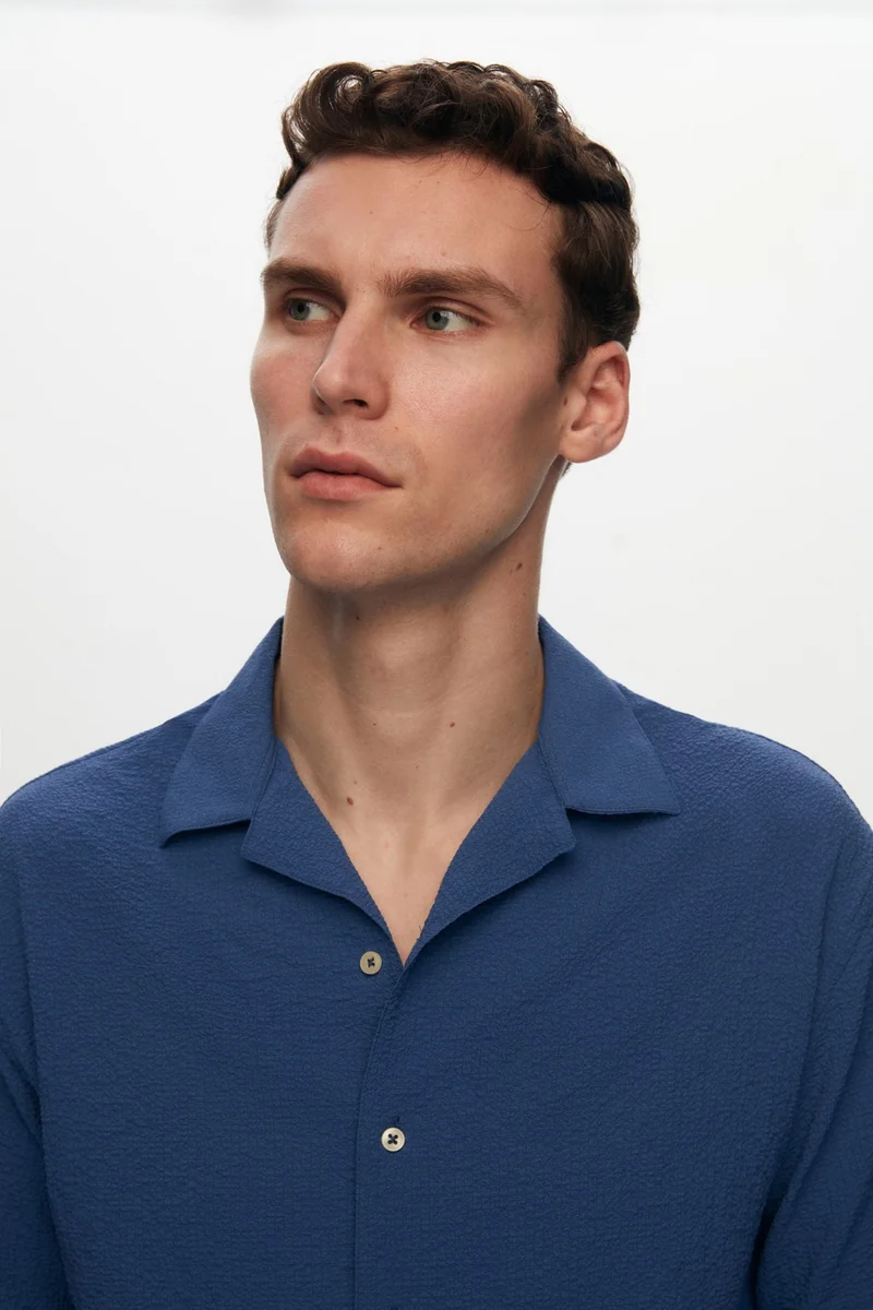 دي أس دامات Relaxed Indigo Seersucker Short Sleeve Wrinkle-Free Shirt 0HC02ORT01313