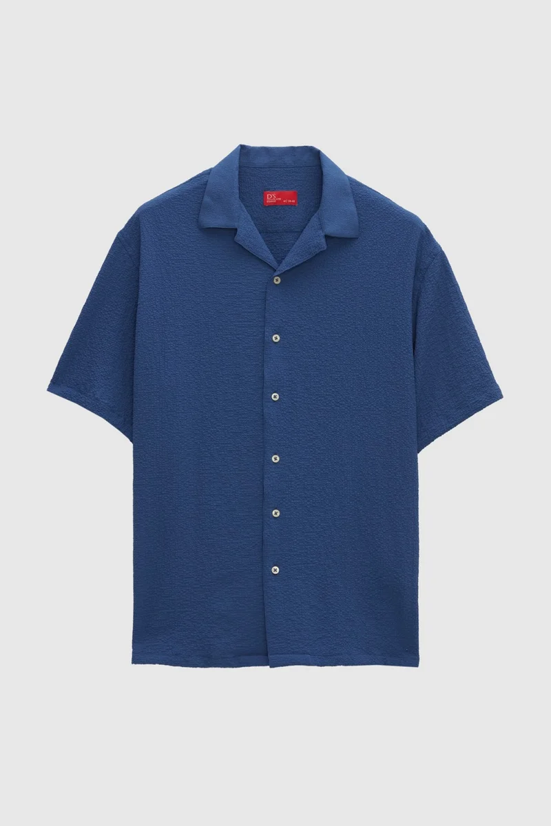 دي أس دامات Relaxed Indigo Seersucker Short Sleeve Wrinkle-Free Shirt 0HC02ORT01313