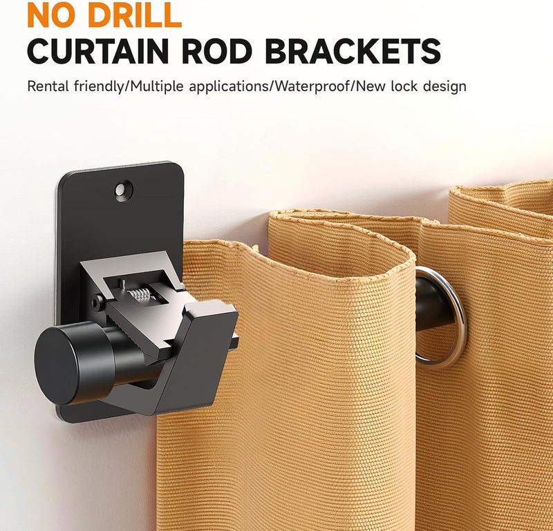 EKOTTOK Universal Curtain Rod Holders, No Drill Curtain Rod Brackets, Self Adhesive Curtain Rod Brackets Up to 30 LB, Nail Free Curtain Rod Hooks for Bathroom, Bedroom, Livingroom, Kitchen (2PC, Black) - Image 3
