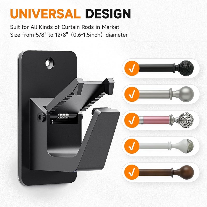 EKOTTOK Universal Curtain Rod Holders, No Drill Curtain Rod Brackets, Self Adhesive Curtain Rod Brackets Up to 30 LB, Nail Free Curtain Rod Hooks for Bathroom, Bedroom, Livingroom, Kitchen (2PC, Black) - Image 2