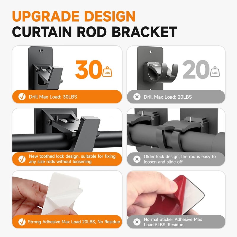 EKOTTOK Universal Curtain Rod Holders, No Drill Curtain Rod Brackets, Self Adhesive Curtain Rod Brackets Up to 30 LB, Nail Free Curtain Rod Hooks for Bathroom, Bedroom, Livingroom, Kitchen (2PC, Black) - Image 4