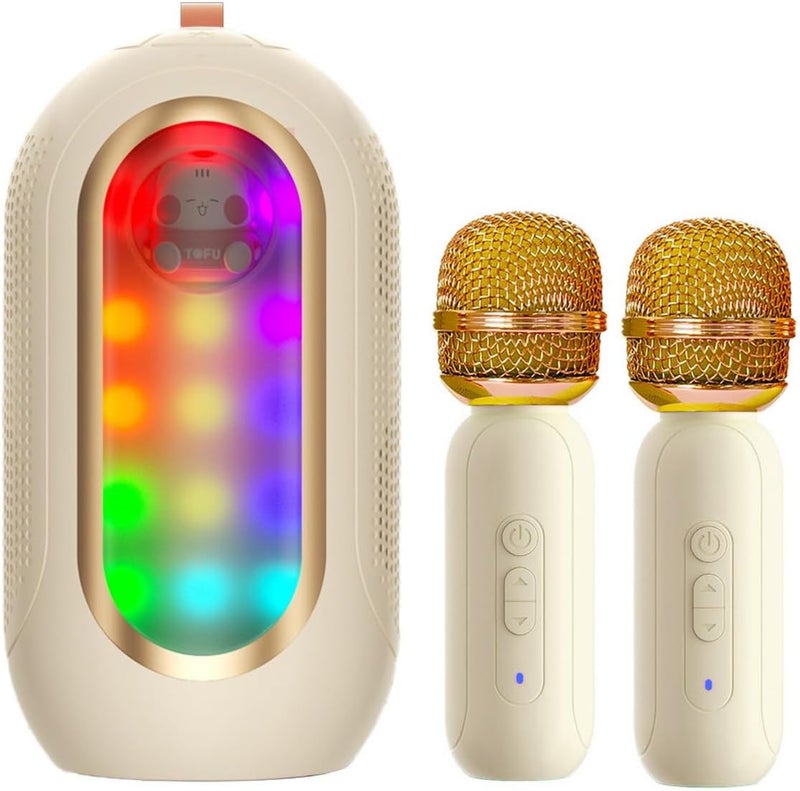 Karaoke Machine with 2 Microphone ABS Mini Portable Speaker for Outdoor Indoor Family Home Party (Beige) - Image 1