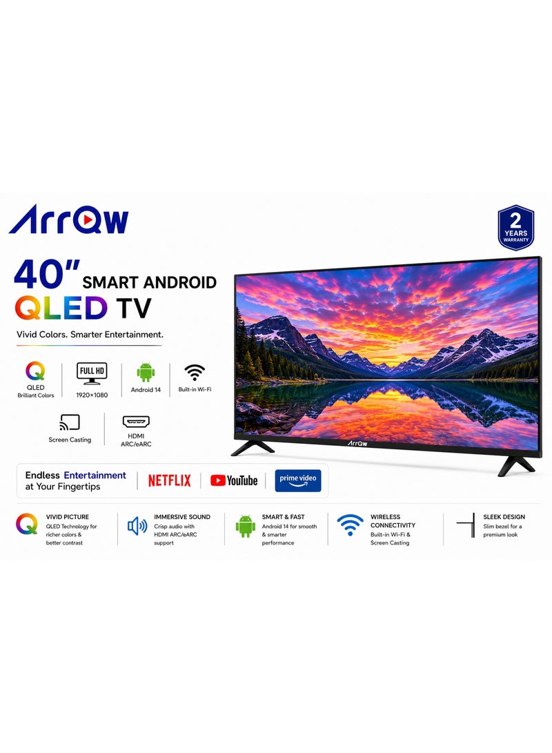 40 Inch Smart QLED TV Full HD Android 14 | 1920×1080 Resolution | Built-in Wi-Fi | Screen Casting | 2 HDMI | 2 USB | HDMI ARC/eARC | Netflix| Youtube| Prime Video | Black | Model RO-40LPSQ