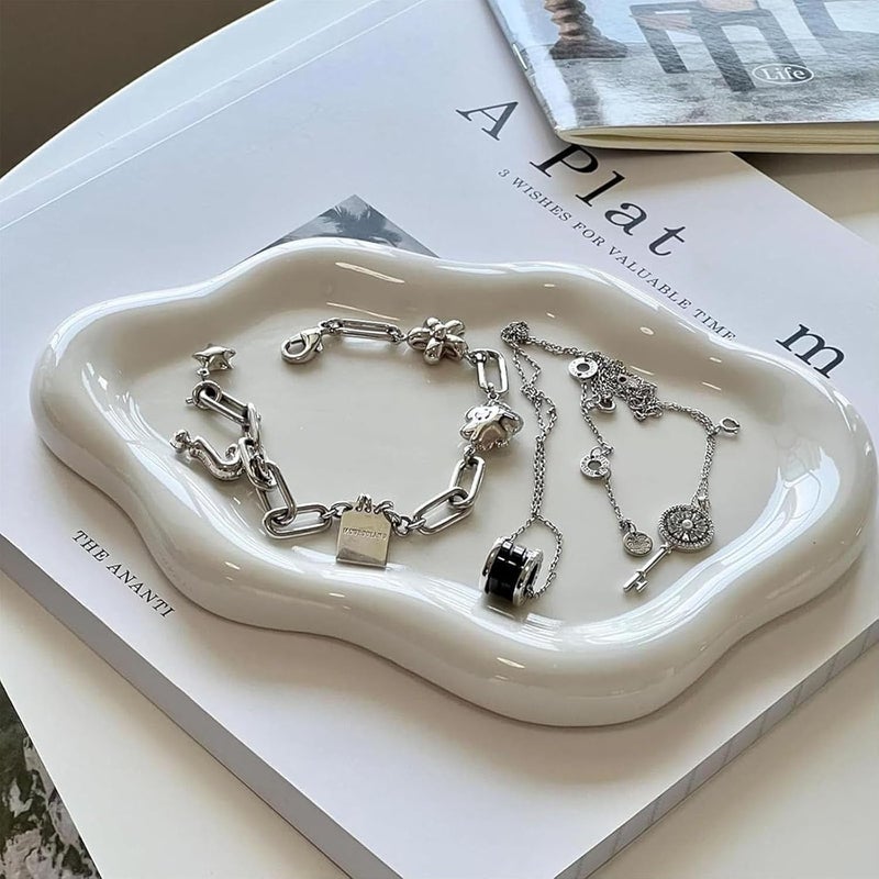 BESSKON Small Jewelry Dish for Women, Gifts for Mom, Ceramic Jewlery Tray Ring Holder, Vanity Ring Dish Cute Cloud Tray, Nightstand Decor Trinket Bowl for Earrings, Perfume, Keys, White Jewelry Plate - Image 3