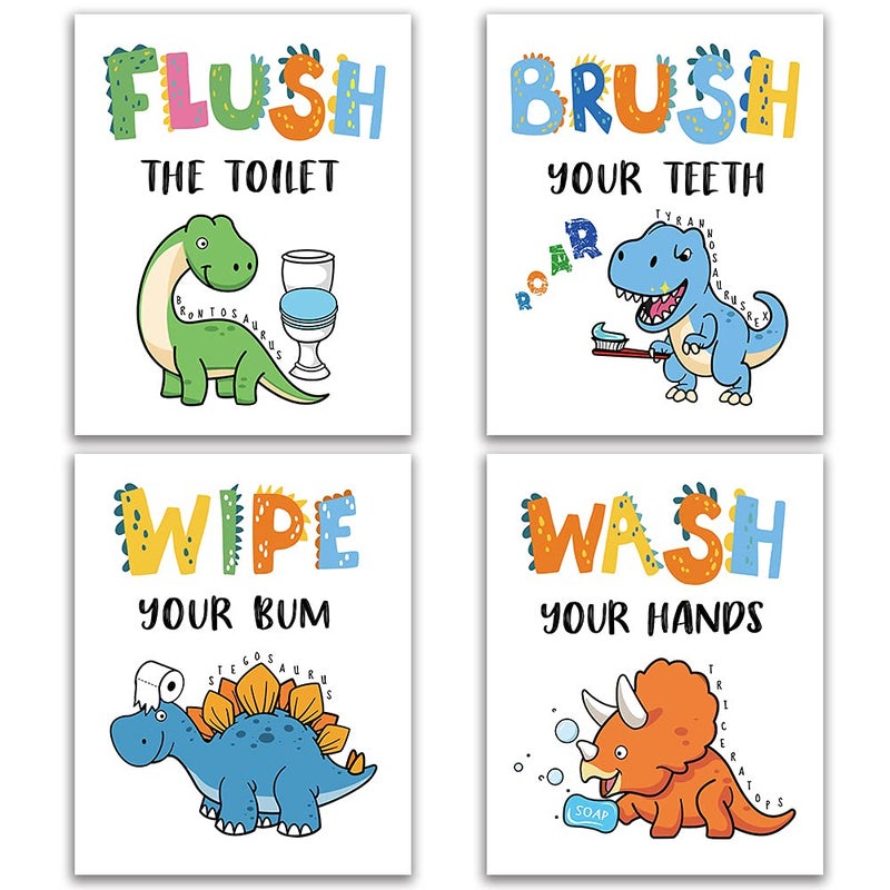 FALJIOK Dinosaur Bathroom Decor  Funny Dinosaur Themed Bathroom Inspirational Quotes Art Print Humorous Quotes Painting  Set of 4 (8 X10 )  Unframed - Image 1