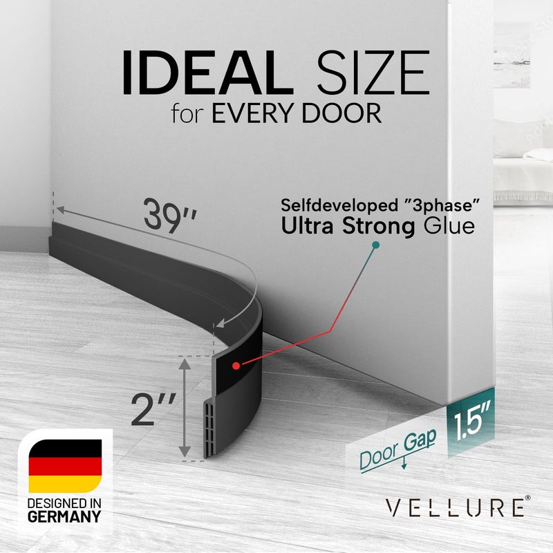 VellureÂ® Door Draft Stopper for Bottom of Door - Premium Door Sweep for Bottom of Door/Weather Stripping Door Seal (Save Energy â€“ installs Quickly and Easily) Door Strip (1, Black) - Image 2