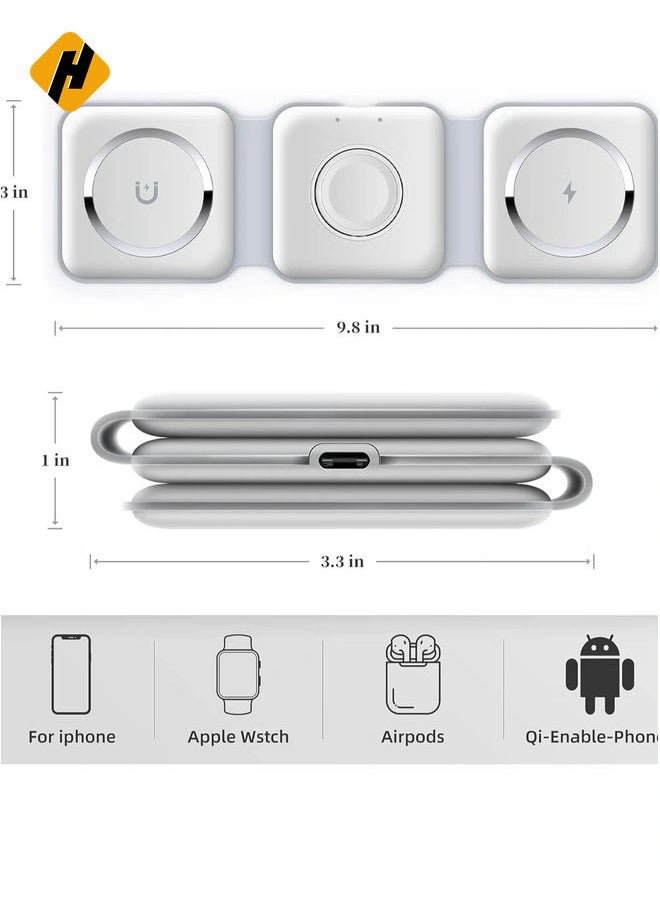 HuHa - 3-in-1 Foldable Magnetic Wireless Charger – 15W Mag-Safe Charging Station for iPhone, Apple Watch, and AirPods (White) - Image 1