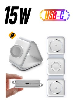 3-in-1 Foldable Magnetic Wireless Charger – 15W Mag-Safe Charging Station for iPhone, Apple Watch, and AirPods (White)