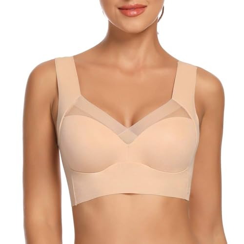 WOWENY Seamless Wirefree Bras for Women Mesh Comfortable Padded Back Smoothing Bra(168 Sleep Beige,Medium) - Image 1
