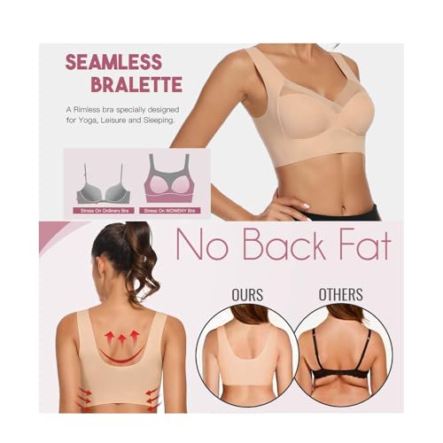 WOWENY Seamless Wirefree Bras for Women Mesh Comfortable Padded Back Smoothing Bra(168 Sleep Beige,Medium) - Image 3