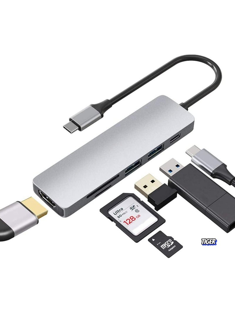 TIGER 6-in-1 USB C Hub to HDMI 4K Adapter with SD/TF Card Reader, 3 USB 3.0 Ports – Compatible with iPad Pro, MacBook Pro/Air, iMac, Dell, and More - Image 1