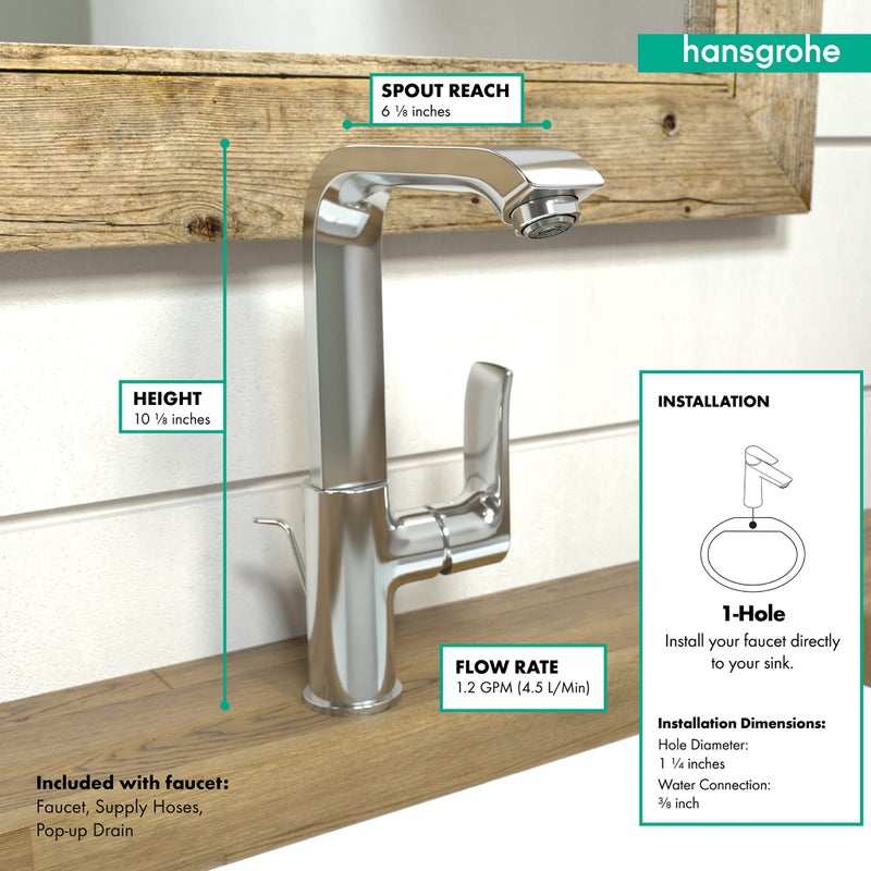 hansgrohe Metris Modern Upgrade Easy Install 1-Handle 1 10-inch Tall Bathroom Sink Faucet in Chrome, 31087001,Small - Image 4