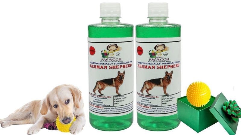 swacch Shampoo | Puppy Safe Shampoo | PH Balanced | Ditch to Itch for German Shepherd Shampoo 500ml Pack of 2 (Neem Alovera) + Spike Ball Chew Toy Combo Pack - Image 1