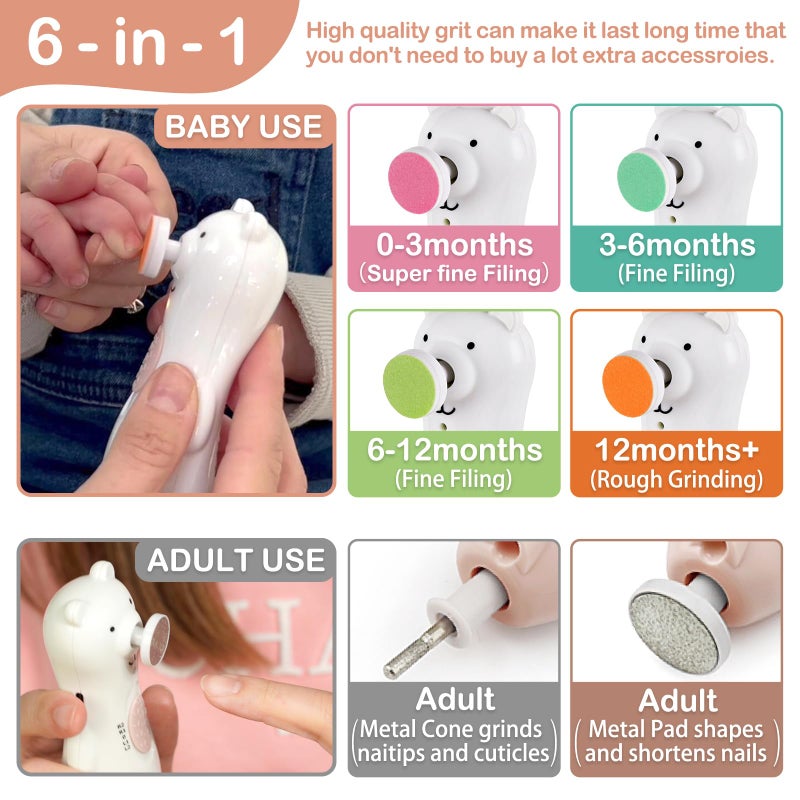 haakaa Baby Nail Trimmer Electric with LED Light - Rechargeable Nail Clippers and Buffer for Babies, Infants, and Adults - Includes Additional Replacement Heads and Charging Cable (Bear Design) - Image 2