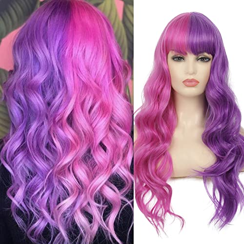 Half Pink Half Purple Wig Long Curly Wavy Split Wig with Bangs Synthetic Cosplay Party Wig for Women