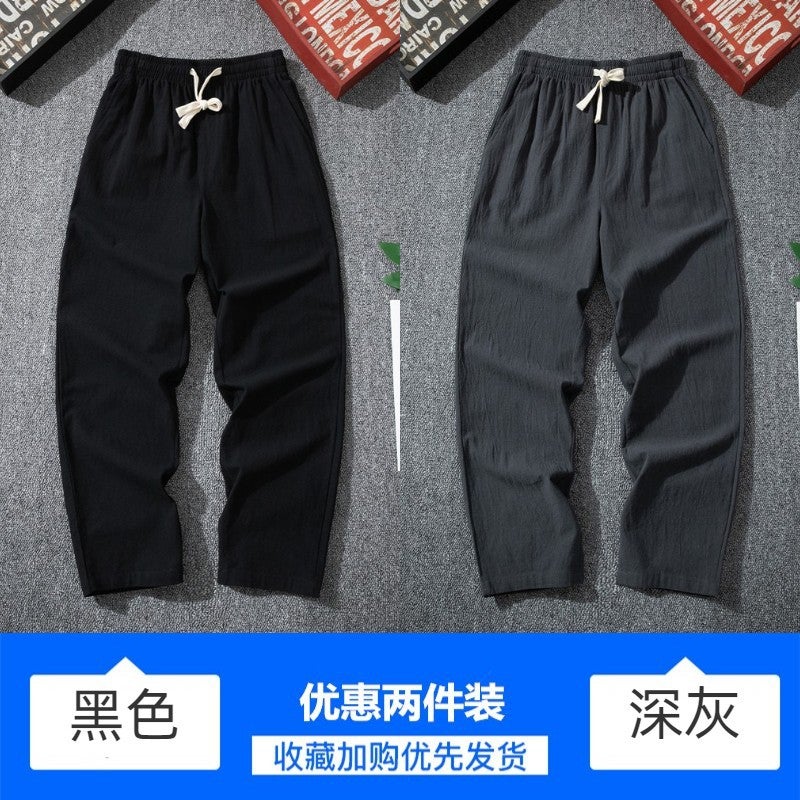 Mens Summer Linen Blend Casual Pants Chinese Style Black + dark gray 
