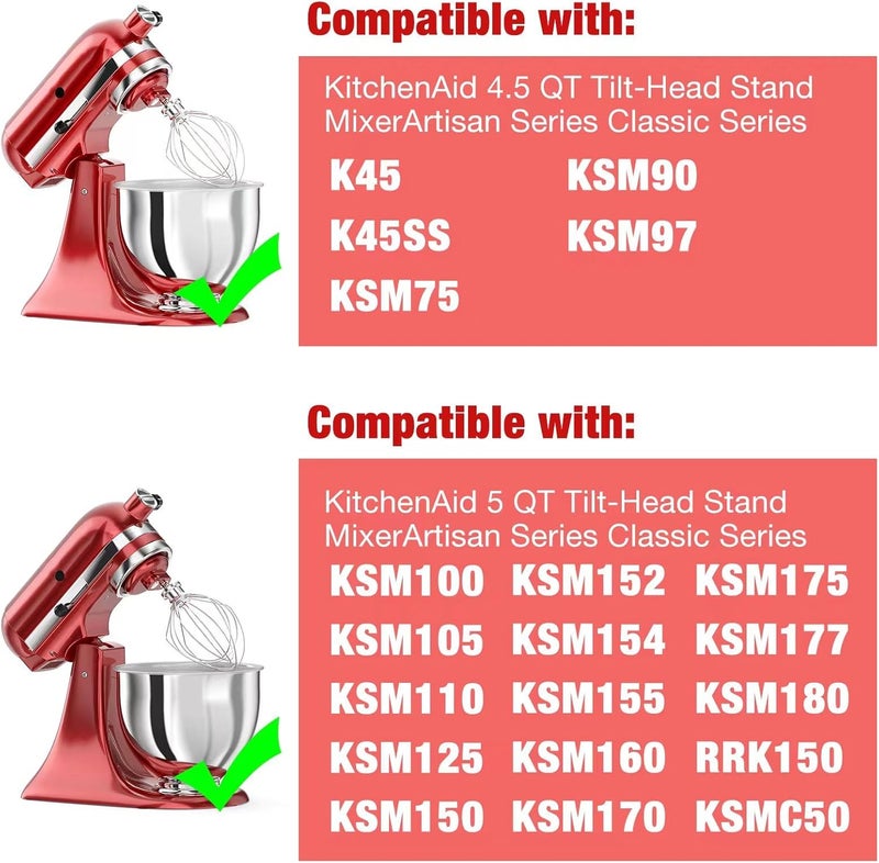 XINCAN ملحق خفق سلكي من الفولاذ المقاوم للصدأ 6 أسلاك من طراز K45WW لخلاط KitchenAid من نوع الرأس المائل سعة 4.5-5 كوارت، بديل خفاقة من الفولاذ المقاوم للصدأ لخلاط Kitchen Aid، آمن للغسيل في غسالة الأطباق، خفاقة للبيض والكريمة الثقيلة. - Image 3